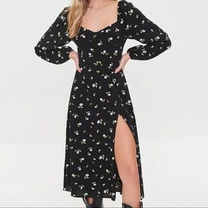 Forever 21 Floral Print Midi Dress Black Size Medium